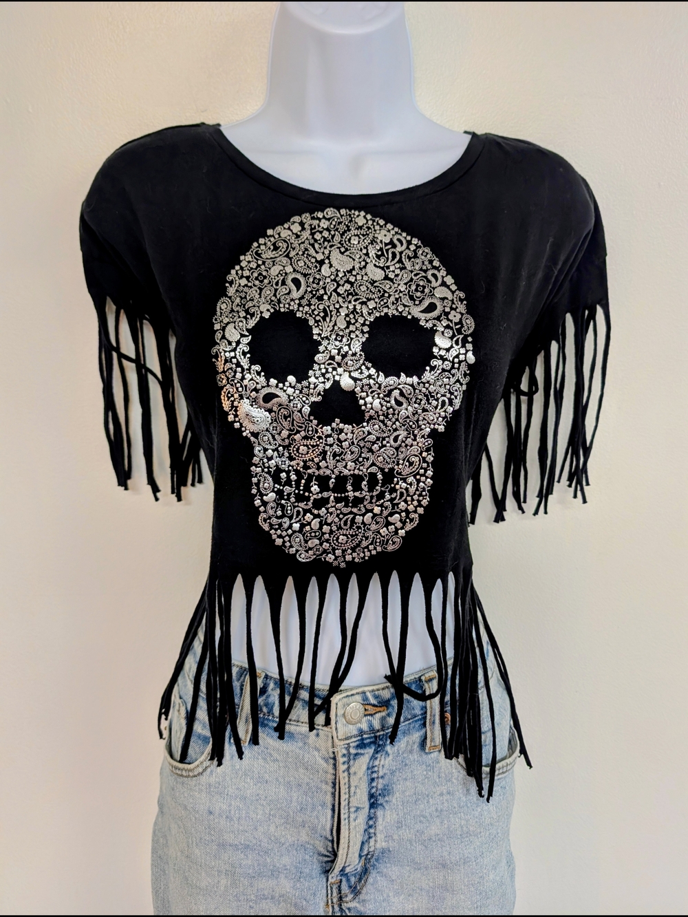 Black Punk Rock Crop Top with Silver Skull and Fringe T-Shirt